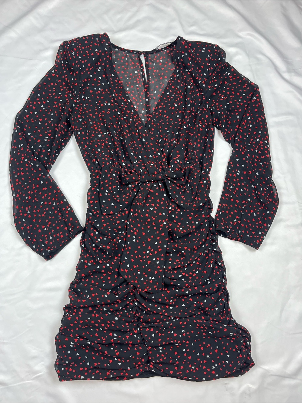 ZARA Sheer Heart Print Ruched Mini Dress Long Sleeve Shoulder Pads Size XS